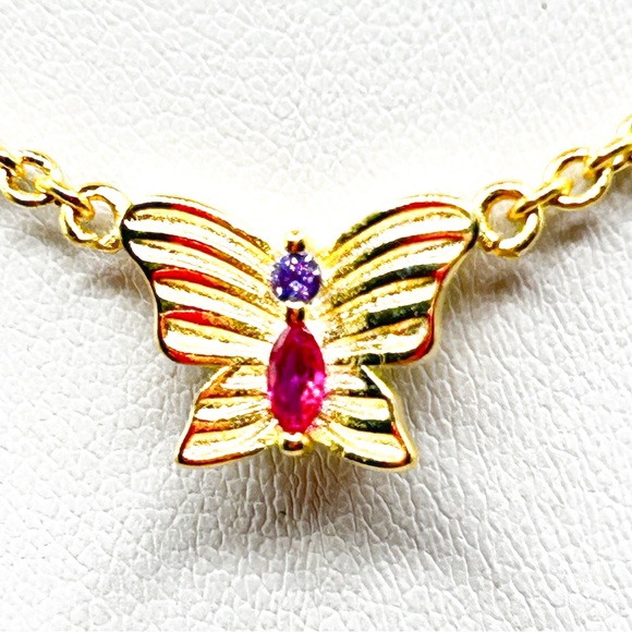 NWOT Sterling silver 14k gold plated butterfly necklace with red stone 16”-18” - Picture 7 of 12